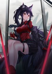 Rule 34 | 1girl, absurdres, animal ear fluff, animal ears, arknights, black hair, black jacket, black necktie, black shorts, breasts, brown hair, cigarette, cloud, cloudy sky, collared shirt, couch, crossed legs, ear piercing, feet out of frame, gloves, glowing, glowing sword, glowing weapon, highres, holding, holding cigarette, indoors, jacket, large breasts, long hair, long sleeves, necktie, official alternate costume, on couch, open clothes, open jacket, parted lips, piercing, planted, planted sword, planted weapon, ponytail, red gloves, red legwear, red shirt, seabread, shirt, shorts, sidelocks, sitting, sky, smile, smoke, smoking, solo, striped necktie, sword, tail, texas (arknights), texas (willpower) (arknights), thigh strap, underbust, weapon, window, wolf ears, wolf girl, wolf tail
