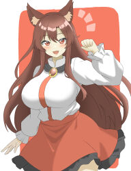 Rule 34 | 1girl, :d, absurdres, animal ear fluff, animal ears, blush, breasts, brooch, brown hair, commentary request, cowboy shot, fang, hair between eyes, hand up, highres, imaizumi kagerou, jewelry, large breasts, long hair, long sleeves, looking at viewer, notice lines, open mouth, petticoat, puffy long sleeves, puffy sleeves, red background, red eyes, red skirt, shirokumall, shirt, simple background, skin fang, skirt, smile, solo, touhou, very long hair, white background, white shirt, wolf ears