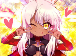 Rule 34 | 1girl, absurdres, armor, bad id, bad twitter id, blush, breastplate, breasts, capelet, chloe von einzbern, closed mouth, dark-skinned female, dark skin, double v, emotional engine - full drive, eyelashes, fate/grand order, fate/kaleid liner prisma illya, fate (series), hair between eyes, half updo, hands up, heart, highres, long hair, long sleeves, looking at viewer, one eye closed, parody, pink hair, red capelet, shimejinameko, shrug (clothing), sidelocks, small breasts, smile, solo, sparkle, star (symbol), tongue, tongue out, v, v-shaped eyebrows, yellow background, yellow eyes