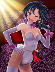 Rule 34 | 1girl, ;d, audere, audience, bare shoulders, belly chain, black hair, blush, bow, bowtie, breasts, chain, cleavage, contrapposto, cowboy shot, detached collar, earrings, elbow gloves, fishnet pantyhose, fishnets, gloves, glowstick, hand on own hip, head tilt, highres, idol, idolmaster, idolmaster (classic), jewelry, kikuchi makoto, lens flare, leotard, microphone, one eye closed, open mouth, pantyhose, playboy bunny, purple eyes, rabbit tail, short hair, smile, solo, sparkle, standing, star (symbol), star earrings, sweat, tail, thighhighs, wink