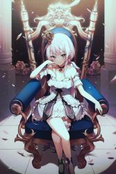 Rule 34 | 1girl, arm rest, blue eyes, breasts, bridal garter, choker, cleavage, collarbone, crossed legs, crown, detached sleeves, dress, falling petals, feet out of frame, flower, frills, gold trim, hand on own cheek, hand on own face, highres, indie virtual youtuber, light rays, long hair, looking at viewer, mini crown, petals, pink flower, pink hair, pink rose, rose, sidelocks, sitting, small breasts, sola (vtuber), solo, throne, virtual youtuber, white dress, yampa