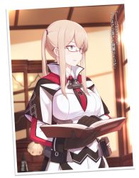 Rule 34 | 10s, 1girl, anchor, belt pouch, bespectacled, black gloves, blonde hair, blue eyes, blurry, book, breasts, capelet, ceiling, celtic knot, cross, cross print, depth of field, glasses, gloves, graf zeppelin (kancolle), hat, highres, holding, holding book, indoors, iron cross, kantai collection, lamp, large breasts, long hair, long sleeves, necktie, open book, osterei, photo (object), pouch, red-framed eyewear, semi-rimless eyewear, sidelocks, solo, twintails, under-rim eyewear, upper body, window