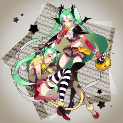 Rule 34 | 2girls, animal ears, asymmetrical legwear, bad id, bad pixiv id, belt, boots, bracelet, candy, cape, cat ears, cat tail, clone, elbow gloves, food, gloves, green eyes, green hair, halloween, hatsune miku, high heels, highres, jack-o&#039;-lantern, jewelry, lollipop, long hair, looking at viewer, midriff, mismatched legwear, multiple girls, navel, shorts, smile, striped clothes, striped legwear, striped thighhighs, tail, thigh boots, thighhighs, totsuki10, twintails, very long hair, vocaloid, wings