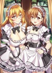 Rule 34 | + +, 2girls, :d, ahoge, alternate costume, apron, apron lift, black dress, blonde hair, blush, bow, bowtie, breasts, brown eyes, brown hair, cleavage, clothes lift, commentary request, corset, cowboy shot, curtains, curvy, detached collar, dress, enmaided, eyes visible through hair, frilled apron, frilled dress, frills, gloves, highres, holding, holding tray, large breasts, lifted by self, long hair, looking at viewer, maid, maid apron, maid headdress, misaka mikoto, multiple girls, open mouth, puffy short sleeves, puffy sleeves, shirokuma a, shokuhou misaki, short sleeves, small breasts, smile, thighhighs, toaru kagaku no railgun, toaru majutsu no index, tray, tree, waist apron, white apron, white gloves, white legwear, window, wrist cuffs, yellow eyes