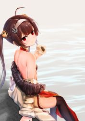 Rule 34 | 1girl, ahoge, anchor hair ornament, azur lane, baozi, bare shoulders, black thighhighs, blush, breasts, brown hair, china dress, chinese clothes, day, dress, eating, food, fur trim, hair ornament, hair rings, hairband, holding, holding food, jacket, long hair, looking at viewer, medium breasts, off shoulder, outdoors, ping hai (azur lane), red eyes, sidelocks, sitting, small breasts, solo, thighhighs, twintails, very long hair, west 24, white hairband