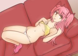 Rule 34 | 10s, 1girl, ankle socks, breasts, caffeccino, camisole, couch, highres, kaname madoka, long hair, lowleg, lowleg panties, mahou shoujo madoka magica, mahou shoujo madoka magica (anime), navel, panties, pink hair, shaft (company), short twintails, socks, solo, spaghetti strap, stomach, twintails, two side up, ultimate madoka, underboob, underwear, underwear only, yellow eyes