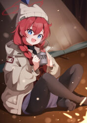 Rule 34 | 1girl, absurdres, beanie, black pantyhose, blue archive, blue eyes, blush, braid, collared shirt, cup, dowal, feet, grey hat, grey jacket, halo, hat, highres, holding, holding cup, jacket, long hair, long sleeves, looking at viewer, maki (blue archive), maki (camp) (blue archive), no shoes, official alternate costume, official alternate hairstyle, open clothes, open jacket, open mouth, pantyhose, purple shorts, red hair, red halo, shirt, shorts, smile, solo, twin braids, white shirt
