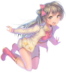 Rule 34 | 10s, 1girl, blouse, boots, bow, brown eyes, brown hair, ds mairu, dsmile, hair bow, jacket, kneeling, long hair, love live!, love live! school idol project, minami kotori, open mouth, outstretched arms, pink shirt, shirt, simple background, smile, solo, white background