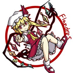 Rule 34 | 1girl, aldaris, ascot, blonde hair, bloomers, character name, collared shirt, flandre scarlet, frilled skirt, frills, from side, full body, hat, laevatein (touhou), light smile, looking at viewer, looking to the side, mary janes, medium hair, mob cap, multicolored wings, one side up, puffy sleeves, red eyes, red footwear, red skirt, red vest, shirt, shoes, simple background, skirt, socks, solo, touhou, underwear, vest, white background, white bloomers, white hat, white shirt, white socks, wings, yellow ascot
