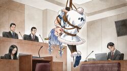 Rule 34 | 2girls, 3boys, animal ears, arms behind back, bench, black gloves, black hair, blue hair, book, book stack, bound, bound ankles, braid, brown eyes, bruise, bruised eye, carrot hair ornament, chair, commentary request, computer, courtroom, don-chan (usada pekora), dress, dripping, enomoto yoshitaka, food-themed hair ornament, frown, glasses, gloves, hair ornament, highres, hololive, injury, laptop, long dress, microphone, multicolored hair, multiple boys, multiple girls, opaque glasses, pantyhose, podium, rabbit ears, rabbit girl, rabbit tail, rope, sweat, tail, television, tied up (nonsexual), twin braids, two-tone hair, usada pekora, usada pekora (1st costume), virtual youtuber, watermark, white dress, white hair