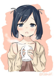 Rule 34 | 10s, 1girl, alternate costume, bad id, bad twitter id, black eyes, black hair, blush, collarbone, cup, ebifurya, eyebrows, hair ribbon, highres, holding, holding cup, inactive account, kantai collection, looking at viewer, multicolored background, open mouth, ribbon, sleeves past wrists, smile, smoke, solo, souryuu (kancolle), twintails, twitter username, two-tone background, upper body, white ribbon