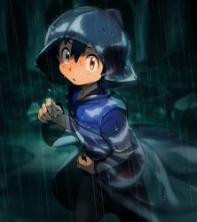 Rule 34 | 1boy, ameiro pk, ash ketchum, black hair, brown eyes, commentary request, creatures (company), game freak, hand up, hood, hood up, looking at viewer, male focus, nintendo, outdoors, pokemon, pokemon (anime), pokemon sm (anime), rain, raincoat, see-through, shirt, short hair, short sleeves, solo, t-shirt, water drop