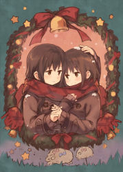 Rule 34 | 2girls, bell, brown eyes, brown hair, coat, hand on another&#039;s head, hand on own chest, highres, holding hands, kyuri, multiple girls, original, parted lips, scarf, shared clothes, shared scarf, smile, snow, star (symbol), wreath, yuri