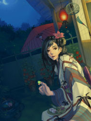 Rule 34 | 1girl, black hair, brown eyes, bug, chinese lantern (plant), crescent moon, dutch angle, fireflies, firefly, flower, fountain, hair flower, hair ornament, insect, japanese clothes, kimono, lantern, lotus, magic, moon, night, night sky, oil-paper umbrella, original, outdoors, paper lantern, parasol, plant, potted plant, shuka (taupe), sitting, sky, solo, star (sky), umbrella, veranda, wind chime