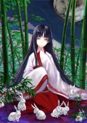 Rule 34 | 1girl, alternate costume, animal, bamboo, bamboo forest, black hair, brown eyes, chromatic aberration, forest, full moon, houraisan kaguya, japanese clothes, leaf, long hair, long sleeves, looking at viewer, miko, moon, nature, night, rabbit, shirt, sitting, skirt, smile, solo, sw (2311550438), too many, too many rabbits, touhou, very long hair, wide sleeves