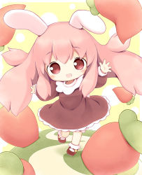 Rule 34 | 1girl, :d, aikei ake, animal ears, arms up, bad id, bad pixiv id, bloomers, blush, bobby socks, breasts, brown dress, brown footwear, carrot, chibi, dress, eyebrows, from above, full body, long hair, long sleeves, looking at viewer, looking up, mary janes, open mouth, original, pink hair, puffy long sleeves, puffy sleeves, rabbit ears, red eyes, shoes, smile, socks, solo, tareme, underwear, very long hair, waving, white socks, yellow background