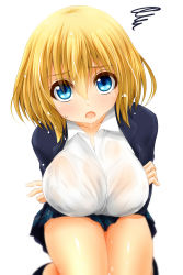 Rule 34 | 1girl, :o, blonde hair, blue eyes, blush, breast hold, breasts, female focus, highres, innocent red, kozuka hikari, large breasts, looking at viewer, open mouth, original, see-through, short hair, simple background, solo, spinning, watarui, wet, wet clothes, white background
