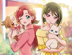 Rule 34 | 2girls, :3, ;d, animal, black bow, blue eyes, bob cut, bow, brown hair, cat, closed mouth, collarbone, dog, dot nose, fingernails, green eyes, hair bow, highres, holding, holding animal, holding cat, holding dog, inukai komugi, inukai komugi (dog), inukai youko, long hair, looking at viewer, low ponytail, mature female, moro precure, multiple girls, nekoyashiki sumire, nekoyashiki yuki, nekoyashiki yuki (cat), one eye closed, open mouth, papillon (dog), pink bow, pink eyes, pink nails, pink shirt, precure, red hair, shirt, short hair, signature, smile, twitter username, white cat, wonderful precure!, yellow shirt