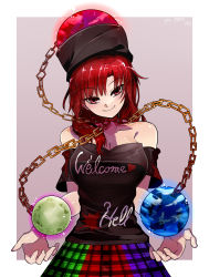 Rule 34 | 1girl, absurdres, bare shoulders, blush, breasts, chain, choker, cleavage, clothes writing, commentary request, earth (ornament), head tilt, hecatia lapislazuli, highres, ichirugi, large breasts, looking at viewer, medium hair, moon (ornament), multicolored clothes, multicolored skirt, off-shoulder shirt, off shoulder, orb, pixiv id, red eyes, red hair, shirt, skirt, smile, solo, touhou