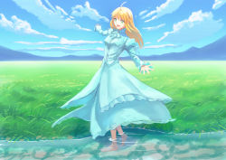 Rule 34 | 1girl, ahoge, artoria pendragon (all), artoria pendragon (fate), bad id, bad pixiv id, blue sky, cloud, day, fate/stay night, fate (series), fateline alpha, full body, grass, green eyes, long hair, official alternate costume, outdoors, outstretched arms, saber (fate), sky, solo, spread arms, stream, wading