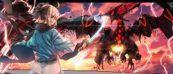 Rule 34 | 1girl, absurdres, ahoge, albion (fate), black bow, black scarf, blonde hair, bow, commentary, commission, dragon, ebora, electricity, english commentary, fate/grand order, fate (series), fighting stance, fingerless gloves, flying, from behind, gleam, gloves, glowing, glowing sword, glowing weapon, hair bow, haori, highres, holding, holding sheath, holding sword, holding weapon, japanese clothes, katana, kimono, koha-ace, melusine (fate), okita souji (fate), scarf, serious, sheath, short hair, short kimono, sky, sunset, sword, weapon, white kimono, yellow eyes