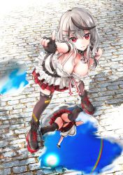 Rule 34 | 1girl, ahoge, ass, boots, breasts, brick road, chain, cleavage, collar, dress, fingerless gloves, garter straps, gloves, hair ornament, hairclip, heart, high heel boots, high heels, highres, hololive, holox, large breasts, nail polish, panties, puddle, rainbow, red eyes, reflection, sakamata chloe, shoes, sneakers, solo, thighhighs, thong, underwear, upskirt, virtual youtuber