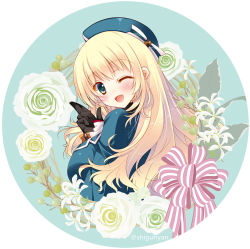 Rule 34 | 1girl, atago (kancolle), beret, black gloves, blonde hair, blue eyes, blue hat, blush, breasts, flower, gloves, hat, kantai collection, long hair, military, military uniform, one eye closed, open mouth, ribbon, shigunyan, simple background, solo, twitter username, two-tone background, uniform, upper body