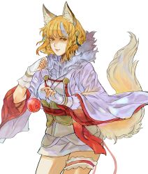 Rule 34 | 1girl, animal ears, ball, blonde hair, blue hair, cowboy shot, fingerless gloves, fire emblem, fire emblem fates, fox ears, fox tail, fur trim, gloves, highres, jyuv, multicolored hair, nintendo, selkie (fire emblem), shaded face, simple background, solo, tail, two-tone hair, white background, yellow eyes