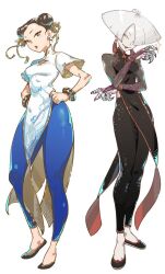 2girls a.k.i._(street_fighter) black_hair blue_pants bracelet bridal_gauntlets capcom chun-li claw_(weapon) double_bun earrings flats hair_bun hair_over_one_eye hair_ribbon jewelry multiple_girls official_art pale_skin pants pearl_earrings pelvic_curtain ribbon scale_print street_fighter street_fighter_6 takayuki_nakayama tassel tassel_earrings tight_clothes tight_pants weapon white_hair