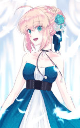 Rule 34 | 1girl, :d, ahoge, alternate costume, artoria pendragon (all), artoria pendragon (fate), black ribbon, blonde hair, blue dress, blue eyes, blue flower, blue ribbon, blurry, blurry background, braid, braided bun, breasts, choker, cleavage, collarbone, dress, fate/stay night, fate (series), flower, hair bun, hair flower, hair ornament, hair ribbon, highres, open mouth, ribbon, ribbon choker, ro96cu, saber (fate), short hair, sidelocks, sleeveless, sleeveless dress, small breasts, smile, solo, standing, striped clothes, striped dress, white flower