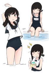 Rule 34 | 1girl, absurdres, arms up, black eyes, black hair, black sailor collar, blue one-piece swimsuit, closed eyes, cowboy shot, food, fubuki (kancolle), highres, kantai collection, looking to the side, low ponytail, ma rukan, multiple views, name connection, no pants, one-piece swimsuit, ponytail, sailor collar, school swimsuit, school uniform, serafuku, shaved ice, short ponytail, sidelocks, simple background, soaking feet, standing, stretching, swimsuit, swimsuit under clothes, upper body, white background