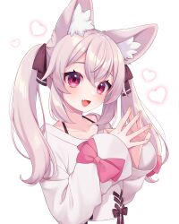 Rule 34 | 1girl, absurdres, animal ears, bow, character request, fang, fox ears, heart, highres, karin (vrchat), long sleeves, open mouth, pink bow, pink eyes, sakura chiyo (konachi000), smile, sweater, twintails, vrchat, white background, white hair, white sweater