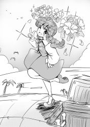 Rule 34 | 1980s (style), 1girl, bad id, bad twitter id, blush, braid, collared shirt, flower, full body, greyscale, hand on own hip, happy, highres, leg up, long hair, long sleeves, monochrome, okazaki yumemi, oldschool, one eye closed, open mouth, pointing, retro artstyle, shirt, single braid, sketch, skirt, sparkle, standing, standing on one leg, takemoto izumi (style), touhou, touhou (pc-98), vest, white shirt, yatyou