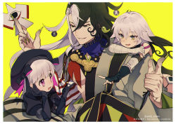 Rule 34 | 1boy, 2girls, ashiya douman (fate), asymmetrical clothes, asymmetrical hair, bandages, bell, black eyes, black gloves, black hair, black headwear, black ribbon, braid, collar, commentary request, curly hair, doll joints, earrings, eyelashes, eyeshadow, fate/extra, fate/grand order, fate (series), fingernails, gloves, gothic lolita, green eyes, green eyeshadow, green kimono, green lips, green nails, grey hair, hadanugi dousa, hair bell, hair between eyes, hair intakes, hair ornament, indian style, jack the ripper (fate/apocrypha), japanese clothes, jewelry, jitome, joints, kimono, light smile, lolita fashion, long hair, looking at another, magatama, magatama earrings, makeup, meiji ken, multicolored hair, multiple girls, nail polish, nursery rhyme (fate), open clothes, open kimono, open mouth, pectorals, pink eyes, pointing, puffy short sleeves, puffy sleeves, purple collar, ribbed sleeves, ribbon, scar, scar on face, sharp fingernails, shikigami, short hair, short sleeves, signature, sitting, smile, split-color hair, talking, tareme, tattoo, toned, toned male, tsurime, two-tone hair, very long fingernails, very long hair, white hair, wide sleeves, yellow background