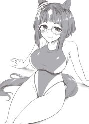 Rule 34 | 1girl, animal ears, bob cut, breasts, collarbone, competition swimsuit, ear ornament, feet out of frame, glasses, greyscale, highleg, highleg swimsuit, highres, horse ears, horse tail, inverted bob, large breasts, monochrome, multicolored hair, one-piece swimsuit, pataneet, semi-rimless eyewear, short hair, sitting, smile, solo, swimsuit, tail, transcend (umamusume), two-tone hair, two-tone swimsuit, umamusume
