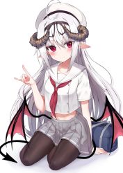 Rule 34 | 1girl, ahoge, beret, black hairband, black pantyhose, black ribbon, blush, breasts, closed mouth, commentary request, crop top, curled horns, demon girl, demon horns, demon tail, demon wings, fox shadow puppet, full body, grey skirt, hair between eyes, hairband, hand up, hat, highres, horns, long hair, looking at viewer, low wings, midriff, original, pantyhose, pleated skirt, pointy ears, red eyes, red neckwear, red wings, ribbon, sailor collar, sazamiso rx, school uniform, serafuku, shirt, short sleeves, sitting, skirt, small breasts, smile, solo, tail, very long hair, white background, white hair, white headwear, white sailor collar, white shirt, wings, yokozuwari