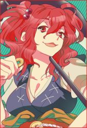 Rule 34 | 1girl, :3, border, breasts, cleavage, coin, hair bobbles, hair ornament, large breasts, onozuka komachi, red border, red eyes, red hair, scythe, shinoasa, short hair, solo, touhou, two side up, upper body