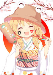 Rule 34 | 1girl, 2020, :d, ^ ^, absurdres, artist name, blonde hair, blush, branch, brown headwear, cherry blossoms, closed eyes, commentary request, cowboy shot, facial mark, facing viewer, floral print, hands up, heart, highres, holding, japanese clothes, kimono, long sleeves, moriya suwako, obi, open mouth, paddle, ramudia (lamyun), sash, short hair, smile, solo, standing, touhou, twitter username, white background, white kimono, wide sleeves