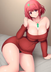 Rule 34 | 1girl, breasts, chest jewel, cleavage, curvy, highres, large breasts, off-shoulder sweater, off shoulder, ponponmaru, pyra (xenoblade), red eyes, red hair, ribbed sweater, short hair, solo, sweater, swept bangs, thick thighs, thighs, xenoblade chronicles (series), xenoblade chronicles 2