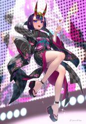 Rule 34 | 1girl, absurdres, black kimono, bob cut, breasts, clogs, eyeliner, fate/grand order, fate (series), floral print, headpiece, heart, highres, horn ornament, horn ring, horns, japanese clothes, kimono, legs, long sleeves, looking at viewer, lostroom outfit (fate), makeup, obi, oni, open mouth, purple eyes, purple hair, sandals, saruchitan, sash, short eyebrows, short hair, shuten douji (fate), shuten douji (lostroom outfit) (fate), skin-covered horns, small breasts, smile, solo, stage, stage lights, wide sleeves