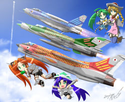 Rule 34 | 4girls, aden cannon, afterburner, ahoge, aircraft, airplane, alternate hair color, armor, artist name, autocannon, blonde hair, blue hair, braid, cannon, clenched hands, cloud, contrail, day, drop tank, eating, electronic firearm, english electric lightning, f-16, f-35, f-8 crusader, flying, food, glint, green eyes, green hair, hair ornament, helmet, huge ahoge, japanese armor, jet, kabuto (helmet), kashiwa mochi (food), koinobori, long hair, mecha musume, mig-21, military, mochi, mouth hold, multiple girls, open mouth, origami, original, outstretched arms, personification, pleated skirt, red hair, revolver cannon, school uniform, serafuku, signature, skirt, sky, spread arms, thighhighs, twintails, vehicle focus, wagashi, watermark, windsock, zephyr164