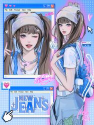 Rule 34 | 1girl, backpack, bag, beanie, belt, blue pants, blush, character name, copyright name, cropped shirt, cursor, denim, eyeshadow, grey eyes, haerin (newjeans), hand on own chest, hat, heart, highres, jeans, k-pop, looking at viewer, makeup, multiple views, nail polish, newjeans, omg (newjeans), pants, parted lips, pink eyeshadow, pink nails, play button, real life, shirt, song name, tongue, tongue out, twintails, white belt, white headwear, white shirt, window (computing), windows xp, yutoy (gravity11 )