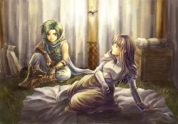 Rule 34 | armor, astrid (fire emblem), bag, bed sheet, black hair, boots, box, candle, couple, eye contact, fingerless gloves, fire emblem, fire emblem: path of radiance, gloves, grass, green hair, indoors, long hair, looking at another, nintendo, open mouth, pants, scarf, short hair, sitting, sothe (fire emblem), surprised, tent, waiting, yellow eyes