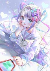 Rule 34 | 1girl, :d, aqua eyes, artist name, blush, bow, bowtie, cellphone, chouzetsusaikawa tenshi-chan, commentary request, dated, dutch angle, grey hair, highres, long hair, looking at viewer, lying, mochiko tsuru, nail polish, needy girl overdose, on stomach, open mouth, phone, sailor collar, smile, solo, twintails, two-tone nails