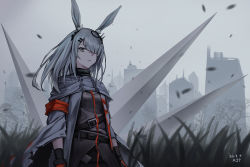 Rule 34 | 1girl, animal ear fluff, animal ears, ark john up, arknights, armband, black coat, black gloves, breasts, building, cloak, coat, commentary, cowboy shot, dated, day, english commentary, frostnova (arknights), gloves, grass, grey cloak, grey eyes, grey sky, hair between eyes, hair ornament, hair over one eye, looking at viewer, medium breasts, medium hair, outdoors, rabbit ears, scar, scar on face, signature, silver hair, sky, solo, spikes, standing, strap, turtleneck
