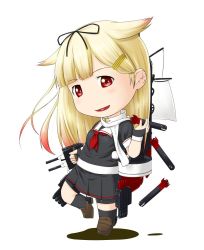 Rule 34 | 10s, 1girl, bad id, bad twitter id, black shirt, black skirt, blonde hair, blunt bangs, bow, chibi, commentary request, fingerless gloves, gloves, hair bow, hair flaps, hair ornament, hairclip, hand up, highres, holding, holding weapon, kantai collection, launching, looking at viewer, multicolored hair, neckerchief, niwatazumi, open mouth, pink hair, pleated skirt, red eyes, red neckerchief, rigging, sailor collar, sailor shirt, school uniform, serafuku, shadow, shirt, sketch, skirt, smile, solo, torpedo, weapon, yuudachi (kancolle), yuudachi kai ni (kancolle)