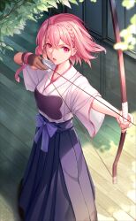 Rule 34 | 1girl, absurdres, archery, bai ou (crazy ones), bow, bow (weapon), breasts, crazy ones, drawing bow, gloves, hakama, hakama skirt, highres, holding, holding bow (weapon), holding weapon, japanese clothes, kimono, kyuudou, medium breasts, muneate, official art, partially fingerless gloves, partly fingerless gloves, pink eyes, pink hair, purple bow, purple hakama, skirt, solo, standing, weapon, white kimono, wooden floor, yugake