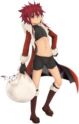 Rule 34 | 1boy, boots, boxers, child, coat, elsword, elsword (character), gloves, highres, looking at viewer, male focus, male underwear, red eyes, red hair, rune slayer, sack, santa costume, short hair, simple background, smile, solo, underwear, vest, walking, waysin966, white background