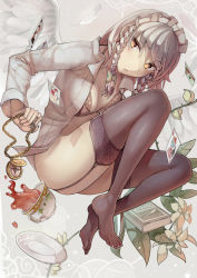 Rule 34 | 1girl, angel wings, black thighhighs, blush, book, bow, bra, braid, breasts, card, cleavage, cup, feathers, feet, flower, garter straps, hair bow, izayoi sakuya, long hair, long sleeves, maid headdress, open clothes, open shirt, shirt, silver hair, solo, stopwatch, teacup, thighhighs, touhou, twin braids, underwear, walzrj, watch, wings, yellow eyes