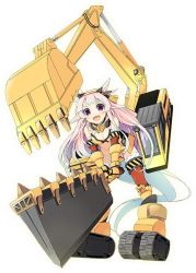 Rule 34 | 1girl, :d, artist request, ass, bare shoulders, blue hair, bracer, breasts, caterpillar tracks, caution tape, cleavage, drag shovel (ole tower), excavator, fang, full body, gauntlets, gradient hair, headgear, holding, holding weapon, huge weapon, leaning, leaning forward, long hair, looking at viewer, machinery, mini excavator (ole tower), multicolored hair, official art, ole tower, open mouth, orange thighhighs, panties, pink eyes, pink hair, smile, solo, striped, tail, thighhighs, transparent background, underwear, very long hair, weapon, white panties